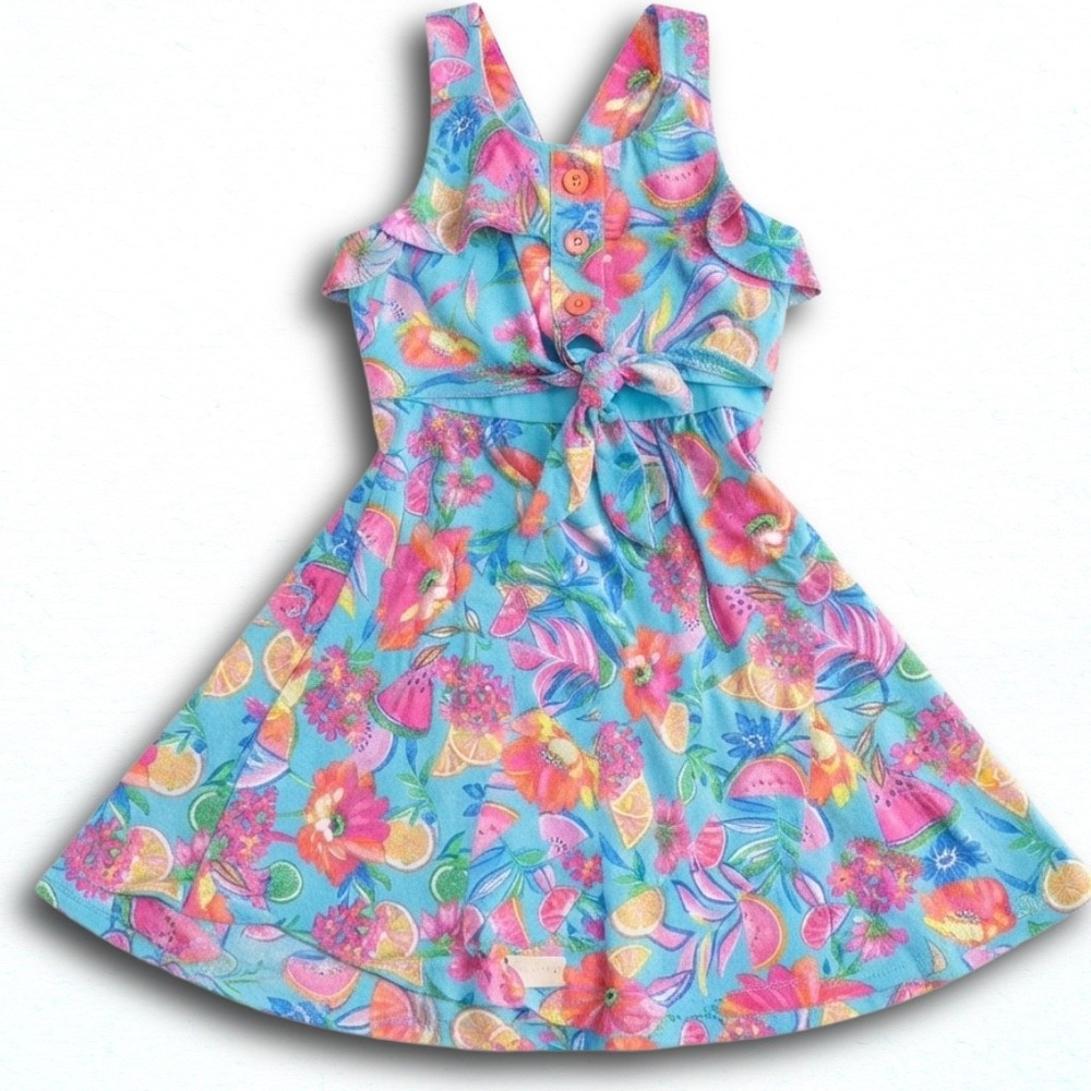 Jona Michelle Girls Blue Tropical Fruit Floral Print Tie Front Dress Size 6